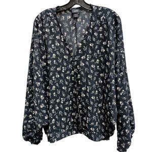 Daytrip Womens BOHO Faux Wrap Blouse Top Large Navy Floral Long Sleeve Oversized